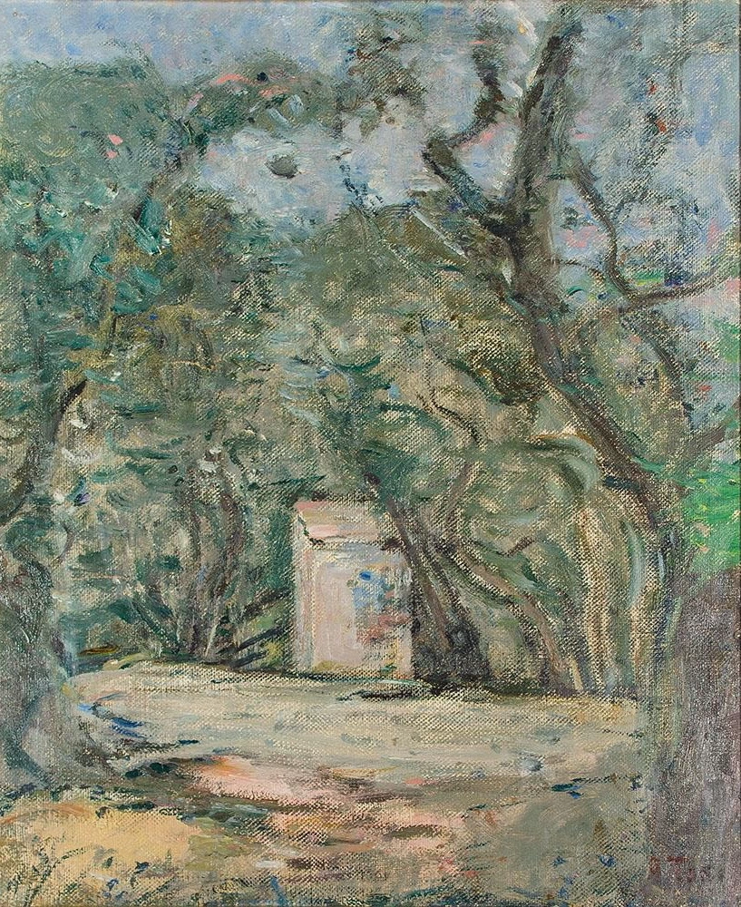 Paesaggio boschivo con casotto